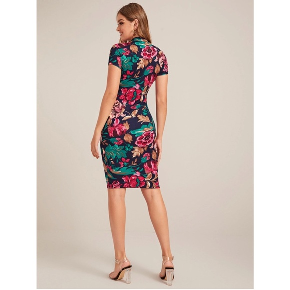 Floral Pattern Navy Blue Slim Dress Knee Length - Picture 5 of 9